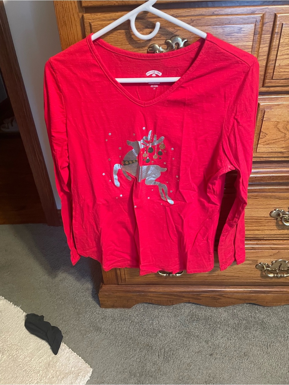 Holiday Time Red Long-Sleeve V-Neck Top with Silver Pony Graphic